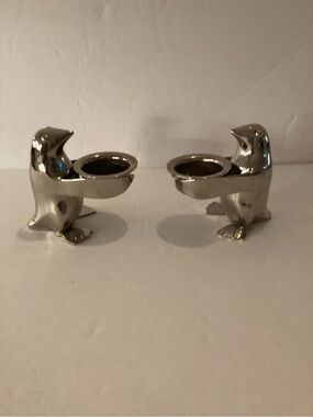 Restoration Hardware Penguin Candle Holders Silverplate Pair Modern Decor